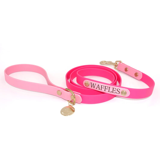Pink dog leash with 'Waffles' engraved on a white background