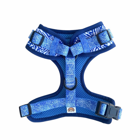 Blue and white patterned dog harness with black hardware on a white background