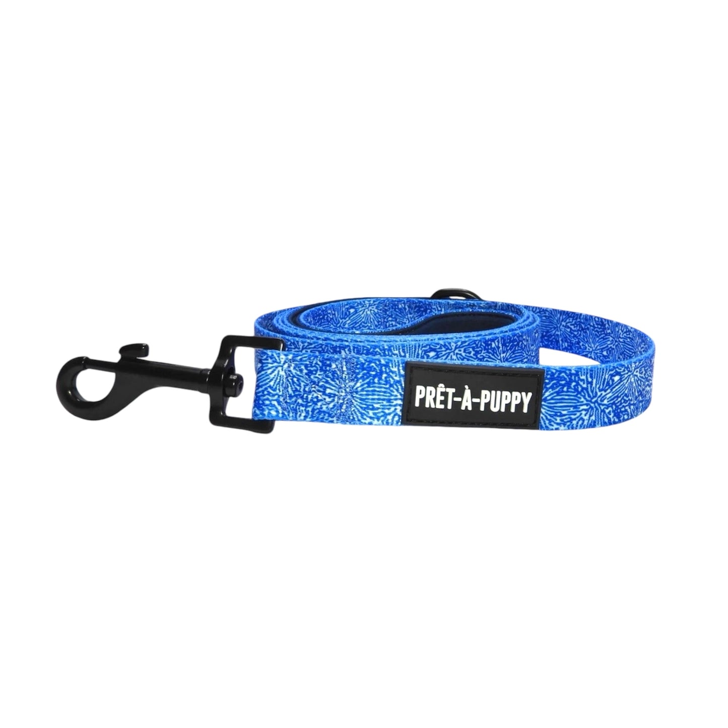Blue and white patterned dog leash with black hardware on a white background