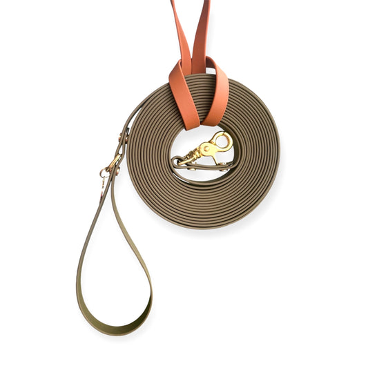 Olive green long dog leash with gold hardware and brown storage loop on a white background