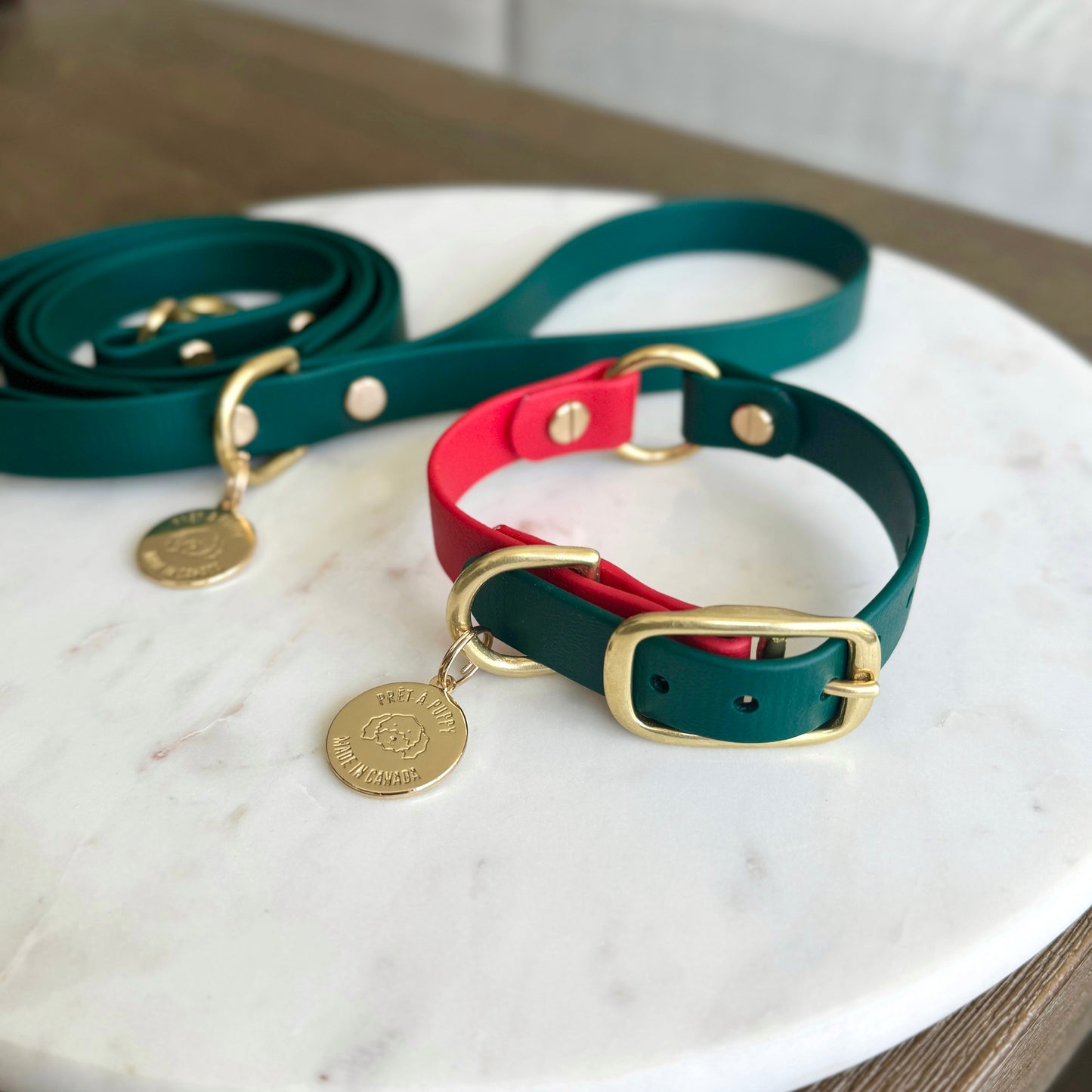 Stylish custom two tone dog collar made from high-quality vegan leather, featuring elegant gold hardware. This waterproof collar is soft to the touch, ensuring comfort for your pet while providing durability for everyday use. Ideal for pet owners looking for a fashionable, and long-lasting accessory for their dog.