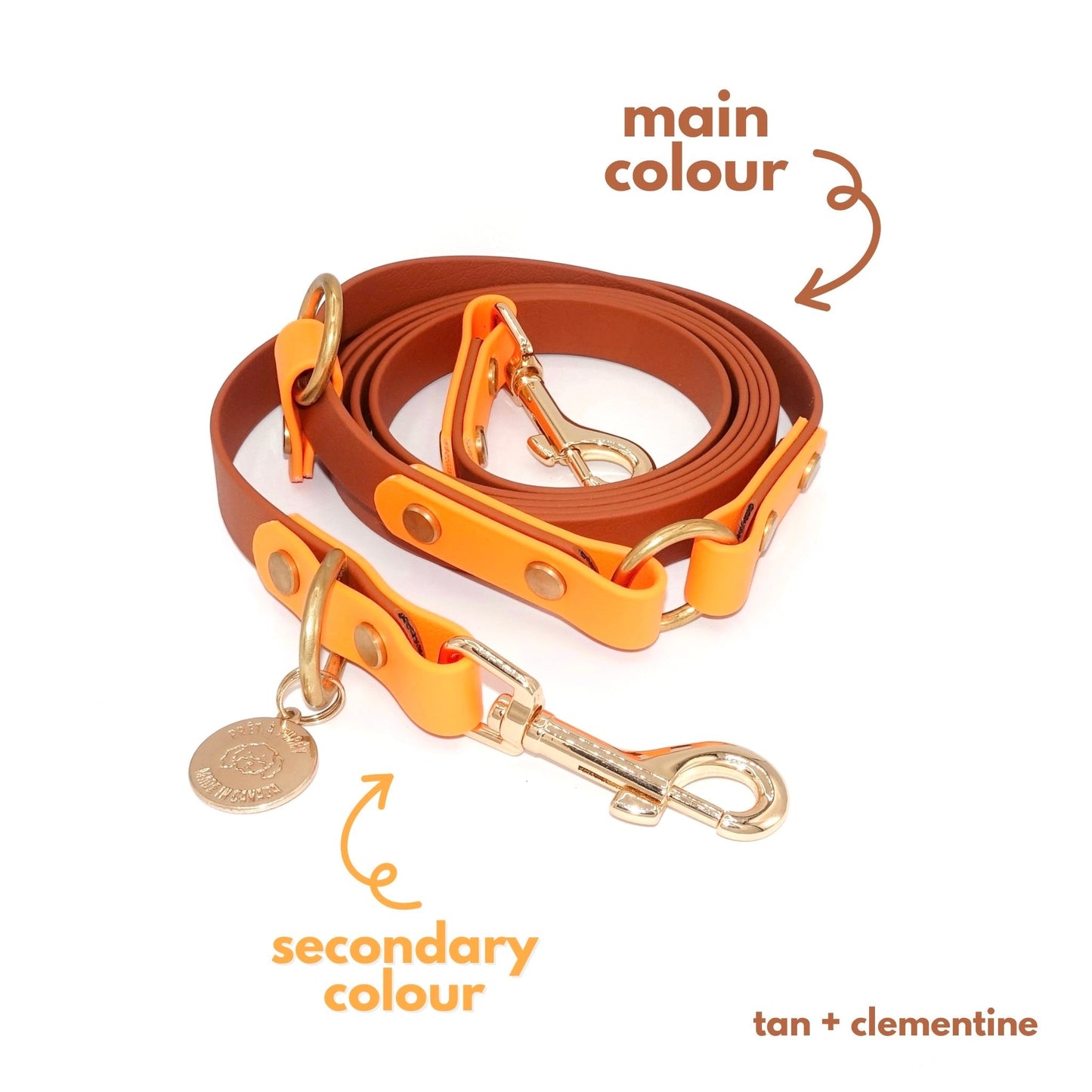 Biothane hands-free dog leash with gold hardware, waterproof and wearable crossbody, orange brown