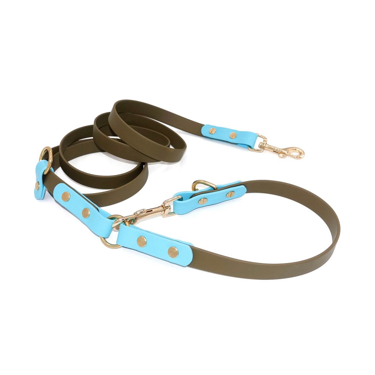 Biothane hands-free dog leash with gold hardware, waterproof and wearable crossbody, blue olive