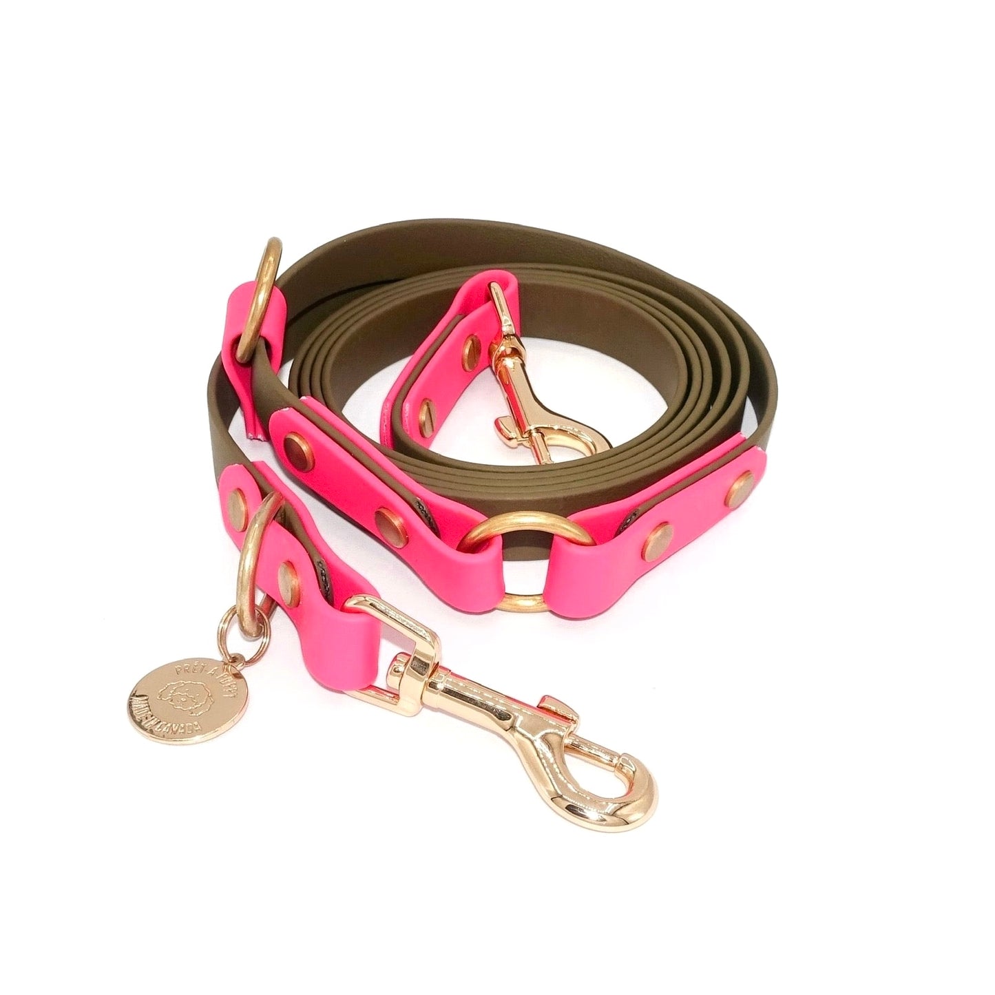 Biothane hands-free dog leash with gold hardware, waterproof and wearable crossbody, olive hot pink
