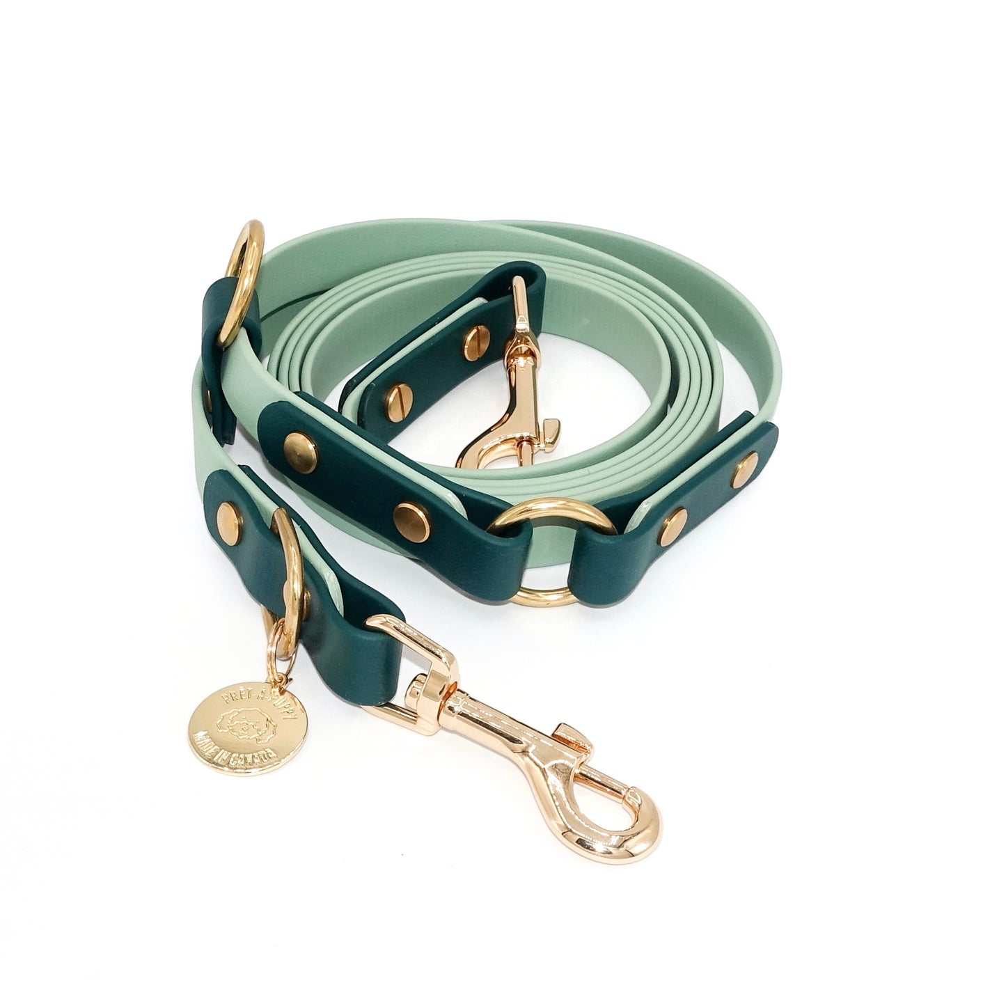 Biothane hands-free dog leash with gold hardware, waterproof and wearable crossbody, sage forest green