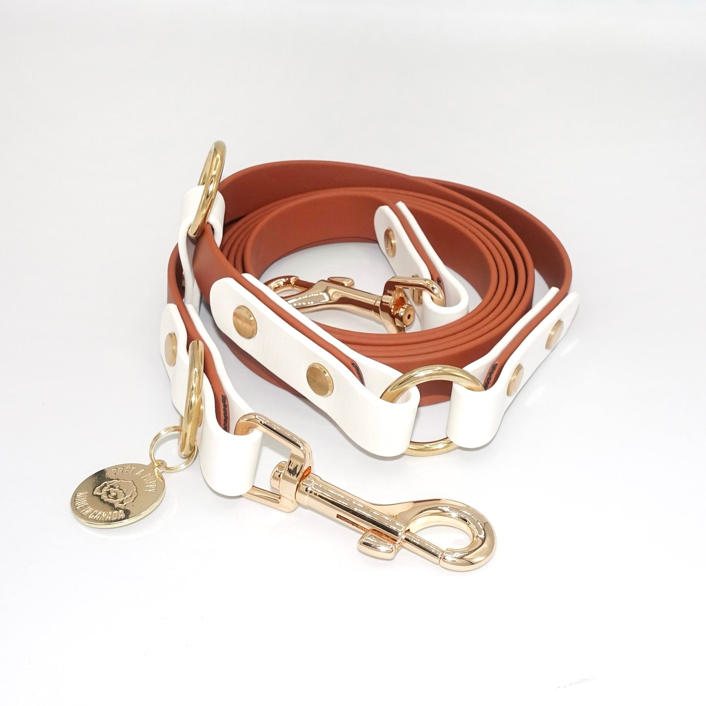 Biothane hands-free dog leash with gold hardware, waterproof and wearable crossbody, brown white