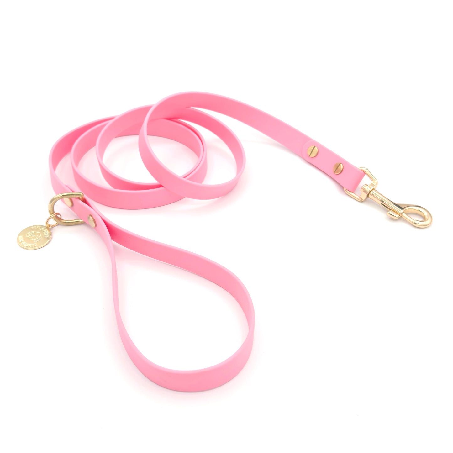 Light pink Biothane dog leash with gold hardware, waterproof and durable, stylish and soft for daily dog walks