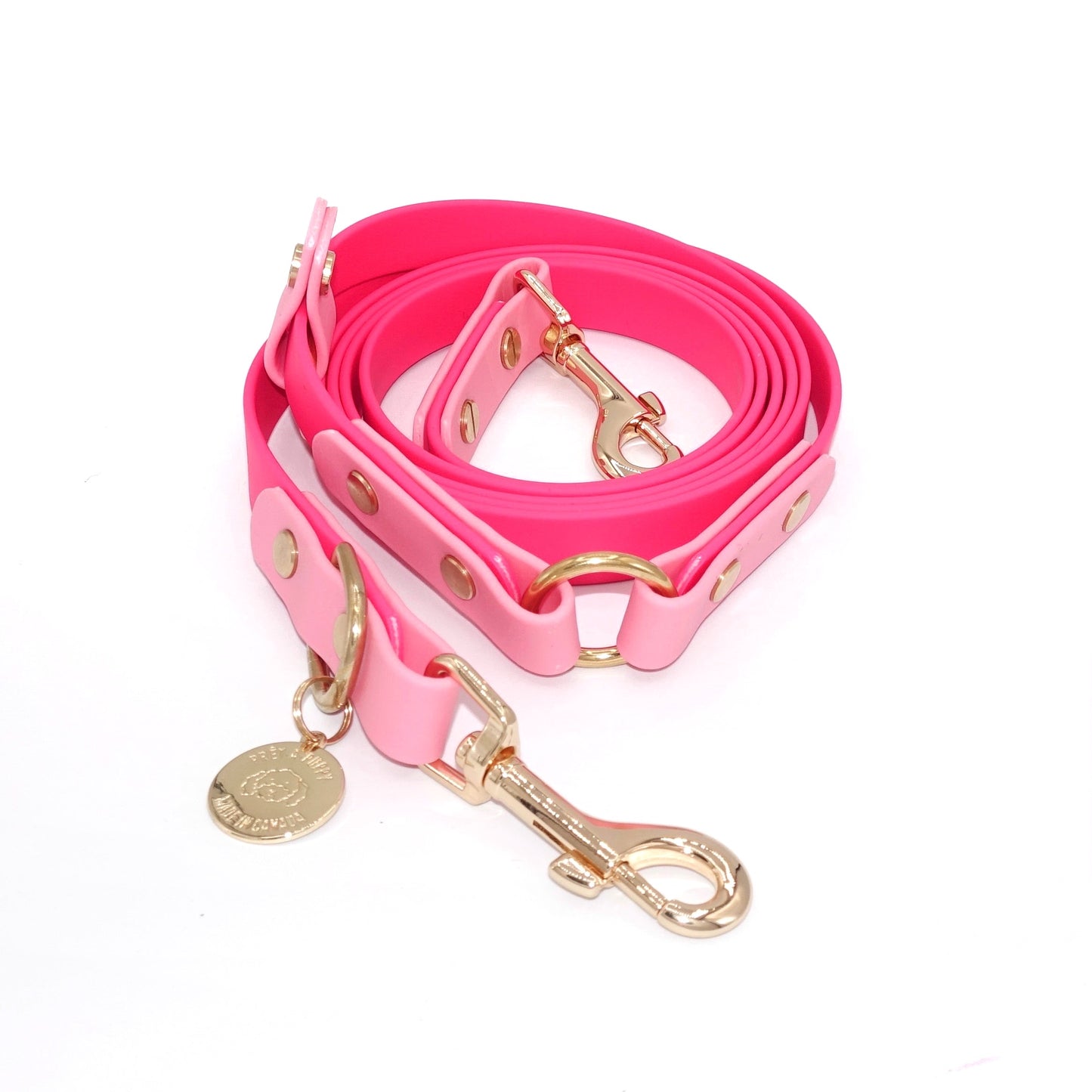Two-tone Biothane hands-free dog leash with gold hardware, waterproof and versatile for waist or crossbody wear