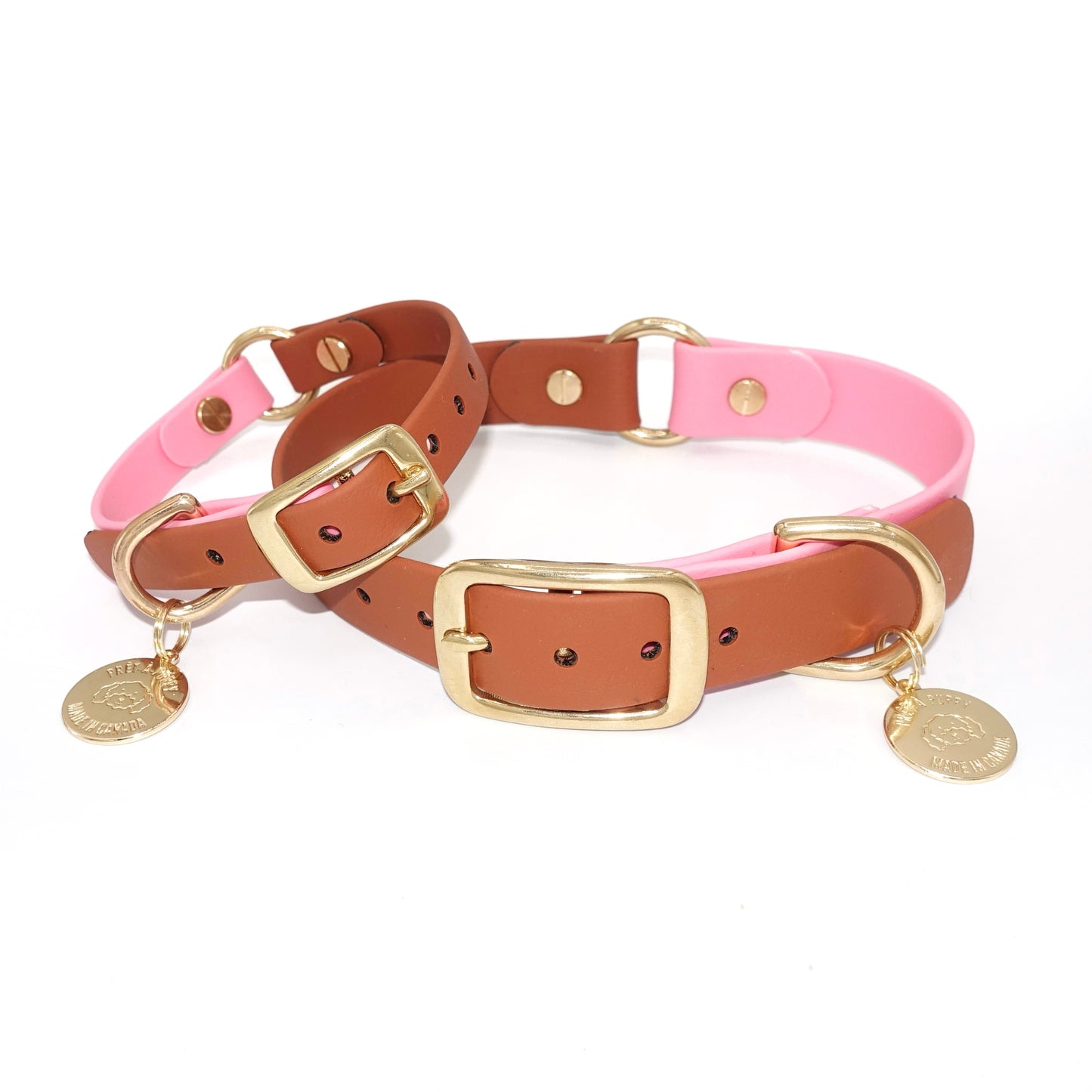 Pink Brown Biothane waterproof dog collar with gold brass hardware, durable and stylish
