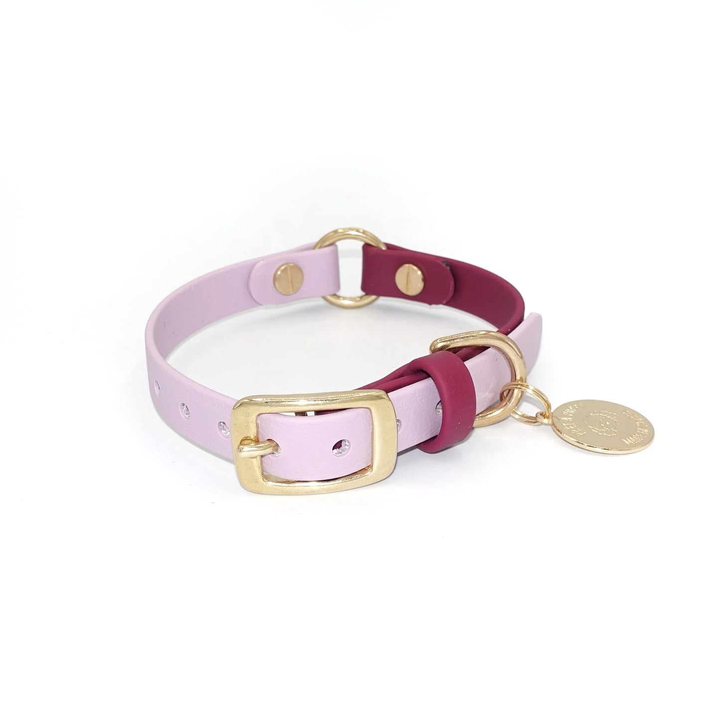 Lilac Burgundy Biothane waterproof dog collar with gold brass hardware, durable and stylish