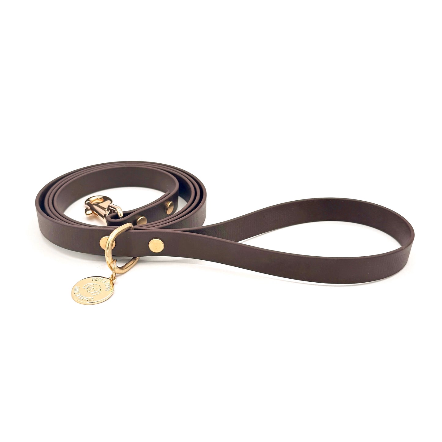 espresso dark brown Biothane dog leash with gold hardware, waterproof and durable, stylish for daily dog walks
