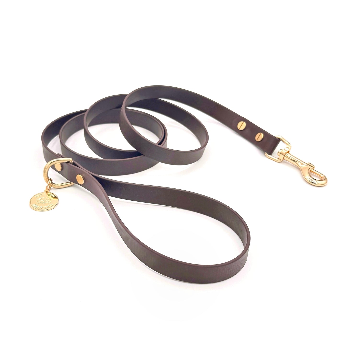 espresso dark brown Biothane dog leash with gold hardware, waterproof and durable, stylish for daily dog walks