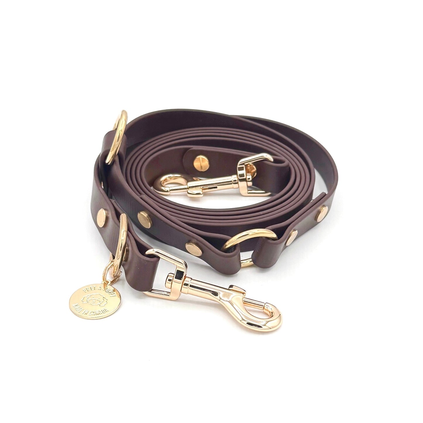 Dark Brown Biothane hands-free dog leash with gold hardware, waterproof and wearable crossbody or around the waist