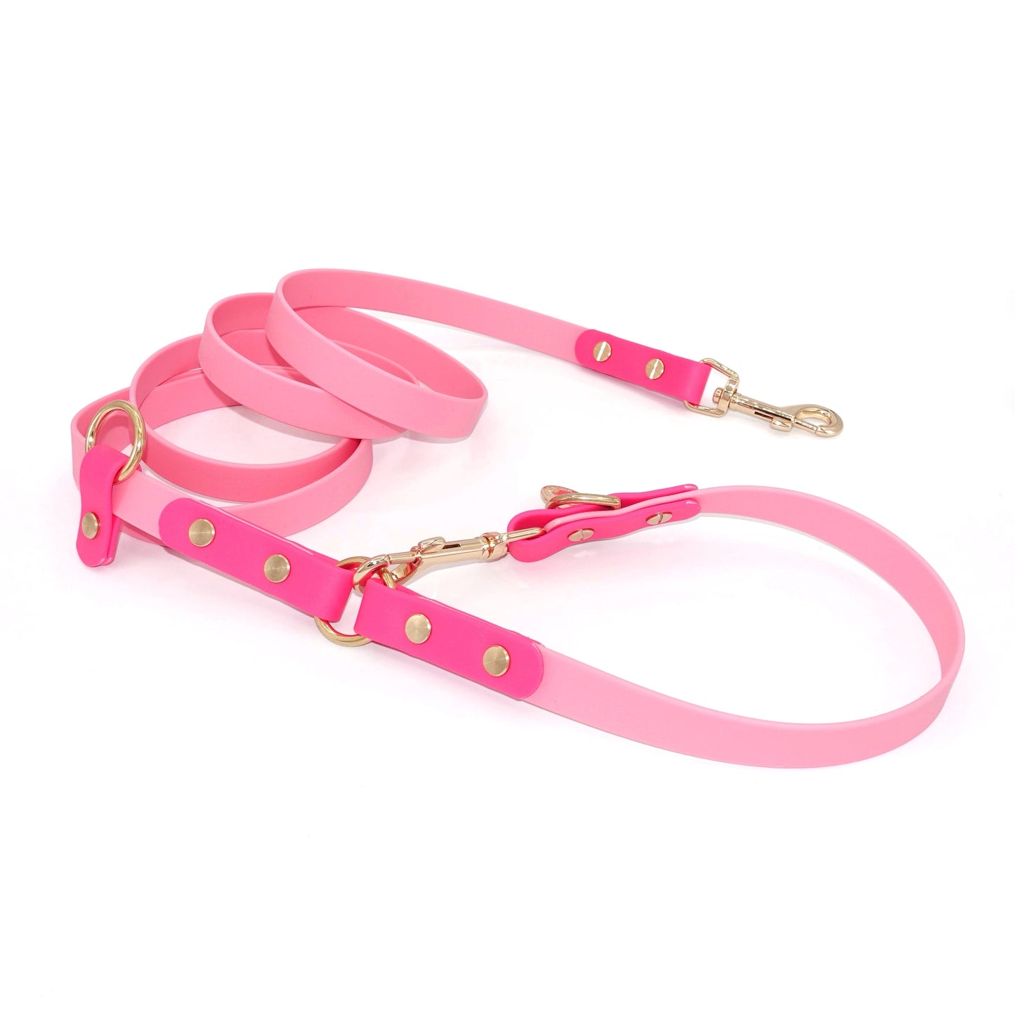 Biothane hands-free dog leash with gold hardware, waterproof and wearable crossbody, pink