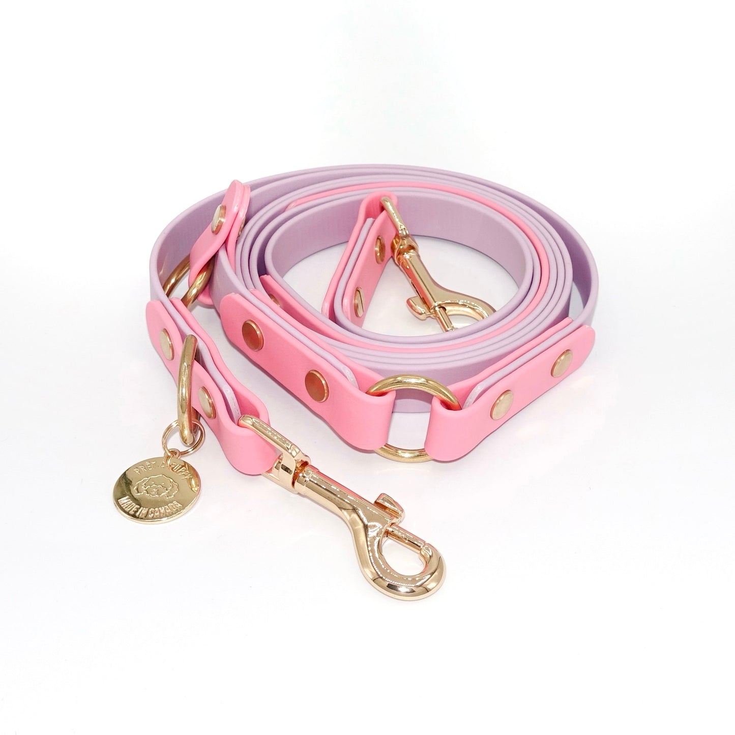 Biothane hands-free dog leash with gold hardware, waterproof and wearable crossbody, pink purple