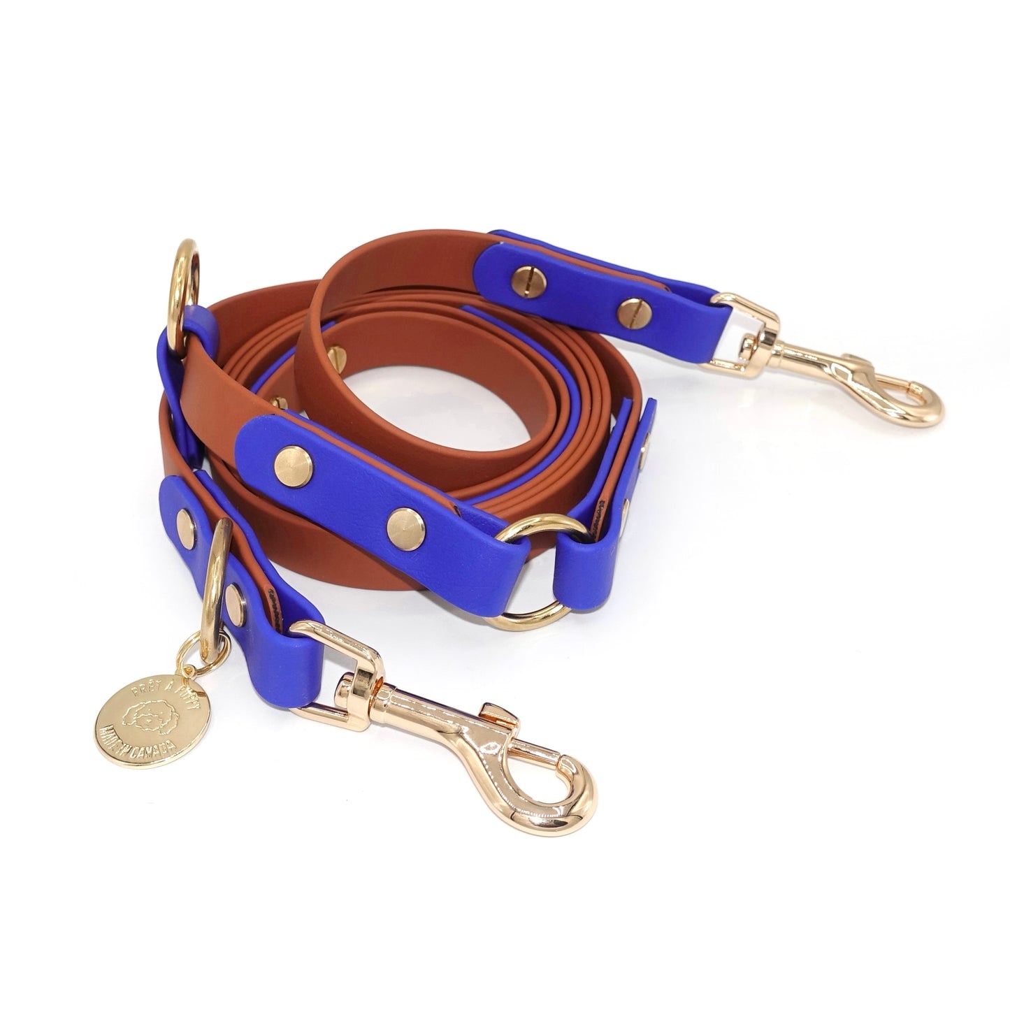 Two-tone Biothane hands-free dog leash with gold hardware, waterproof and versatile for waist or crossbody wear