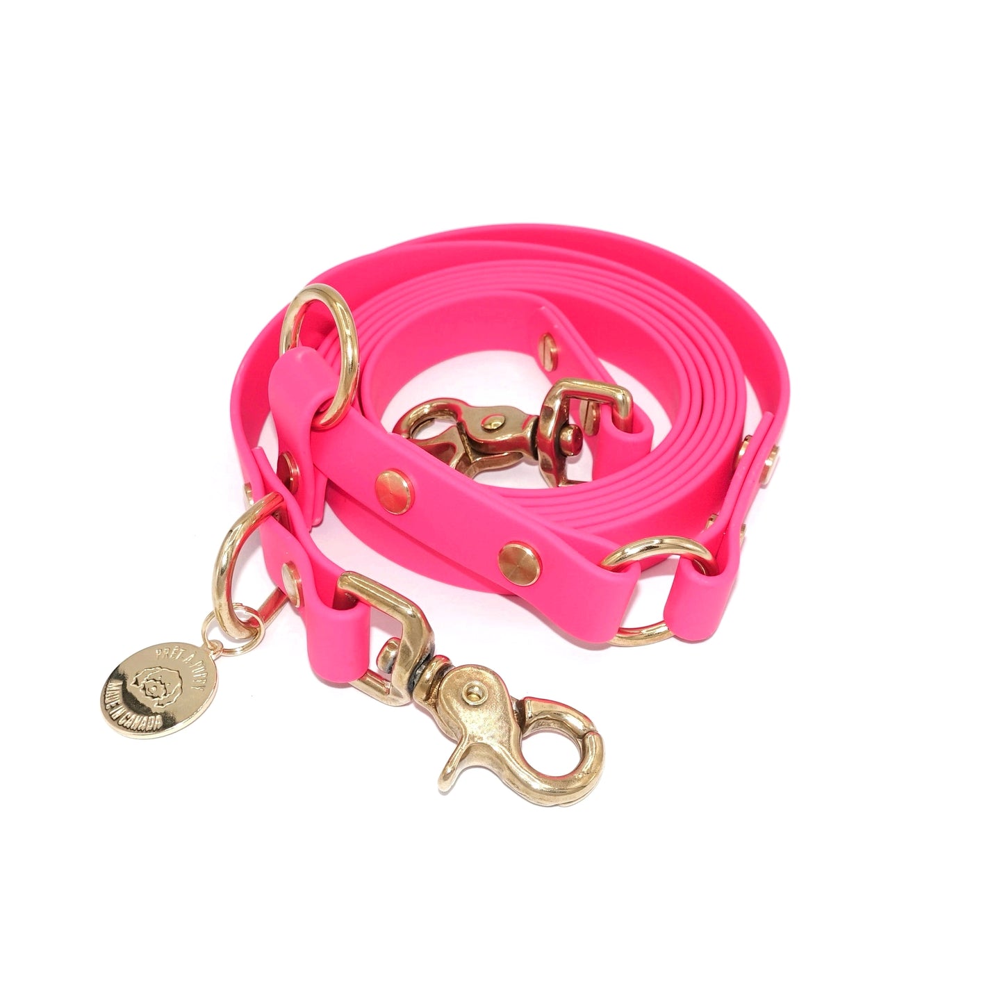Hot Pink Biothane hands-free dog leash with gold hardware, waterproof and wearable crossbody or around the waist