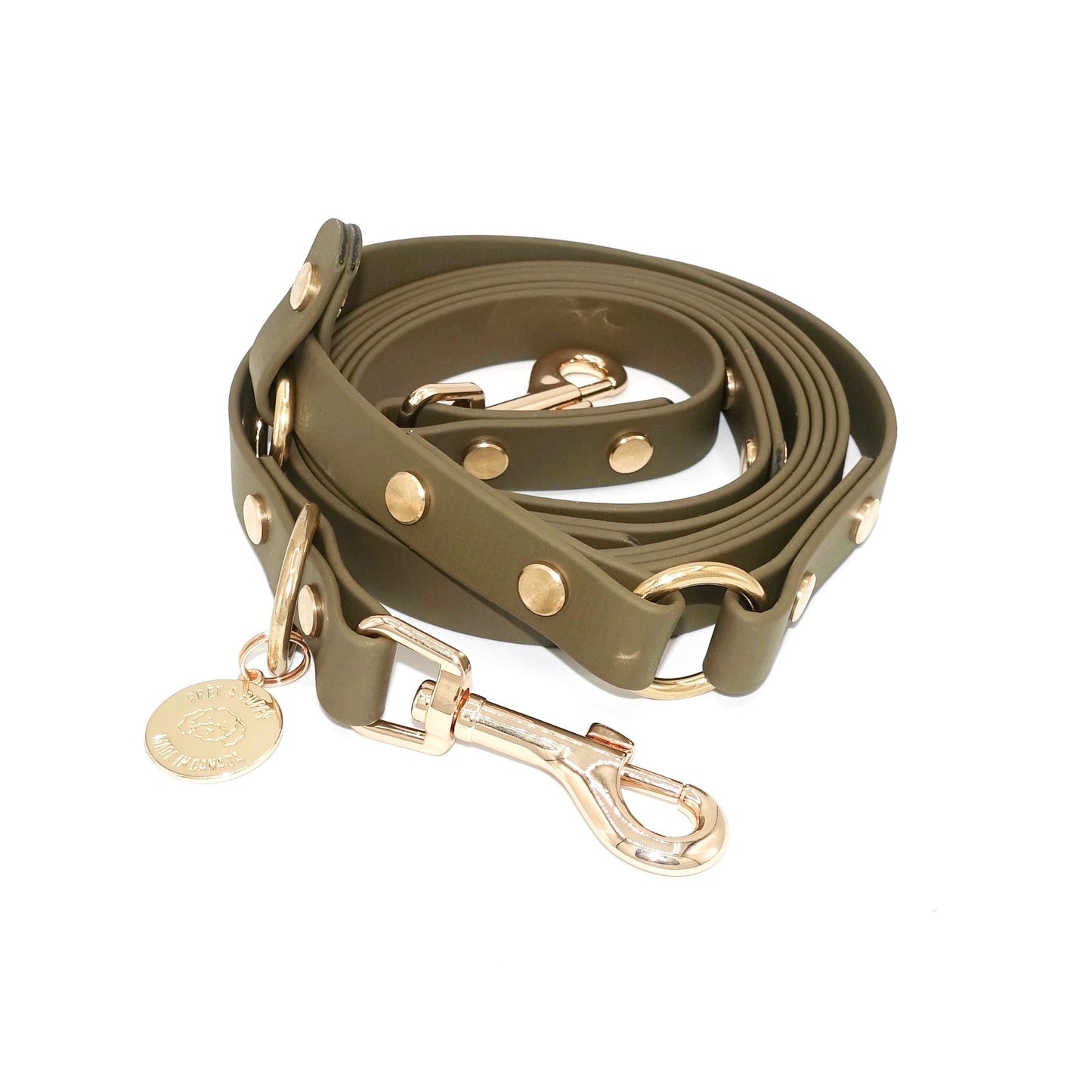 Olive Green Biothane hands-free dog leash with gold hardware, waterproof and wearable crossbody or around the waist