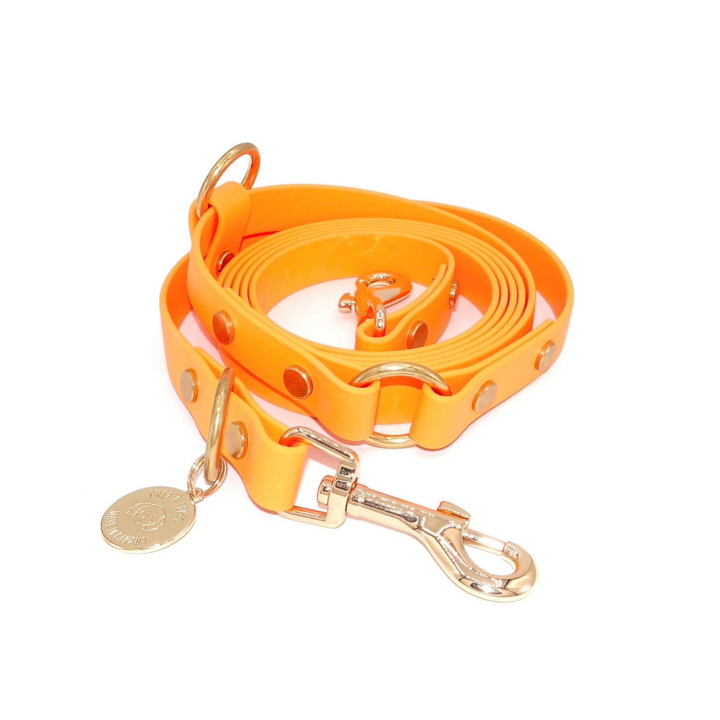 Orange Biothane hands-free dog leash with gold hardware, waterproof and wearable crossbody or around the waist