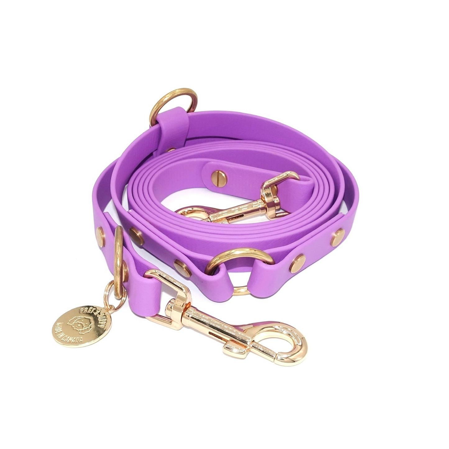 Purple Biothane hands-free dog leash with gold hardware, waterproof and wearable crossbody or around the waist