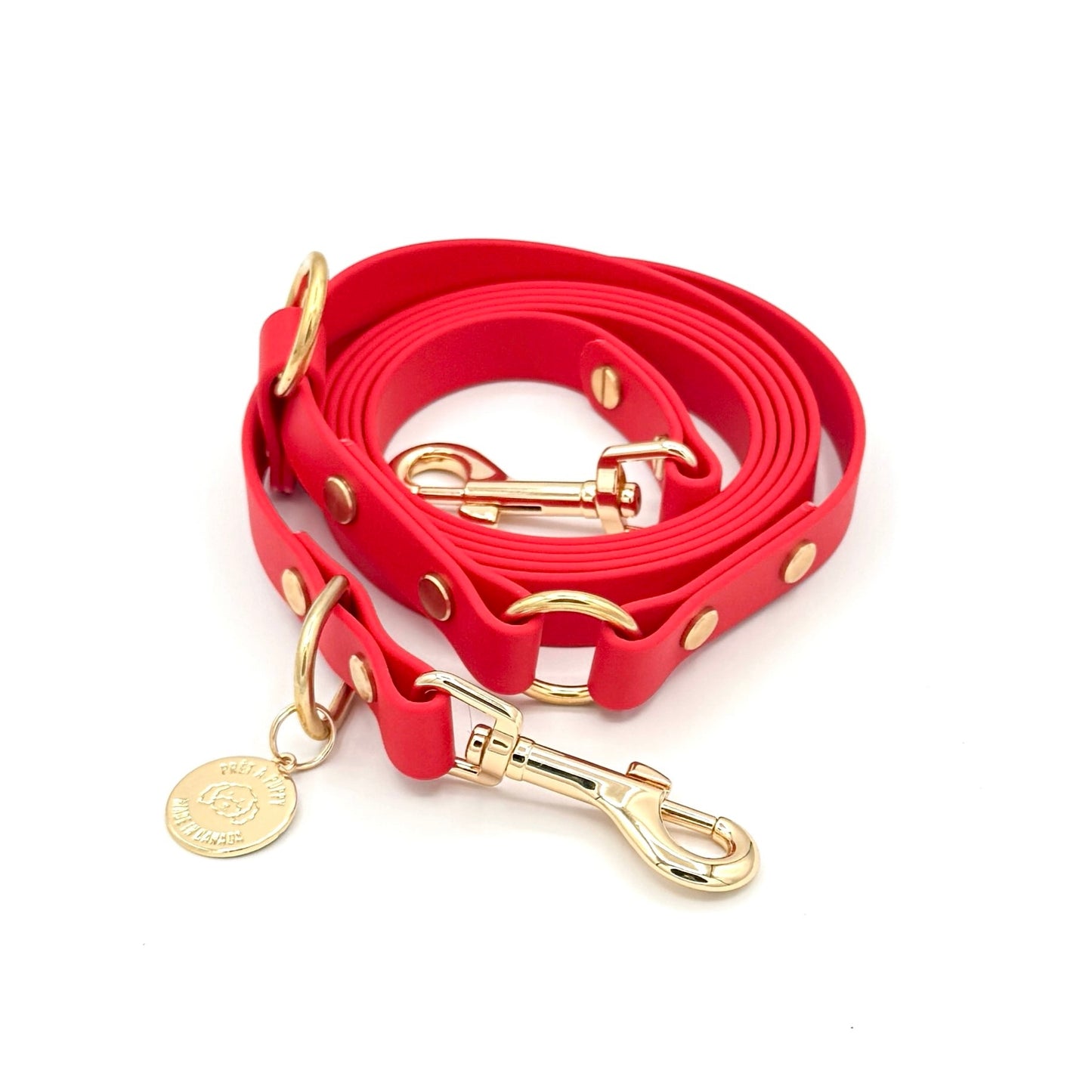Red Biothane hands-free dog leash with gold hardware, waterproof and wearable crossbody or around the waist