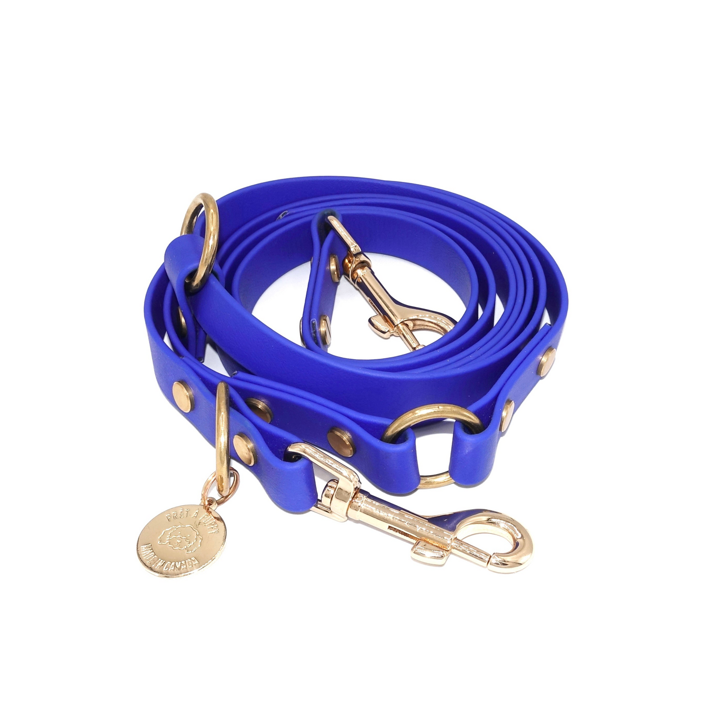 Blue Biothane hands-free dog leash with gold hardware, waterproof and wearable crossbody or around the waist