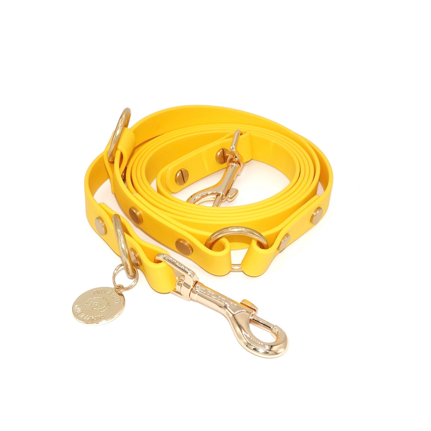 Yellow Biothane hands-free dog leash with gold hardware, waterproof and wearable crossbody or around the waist