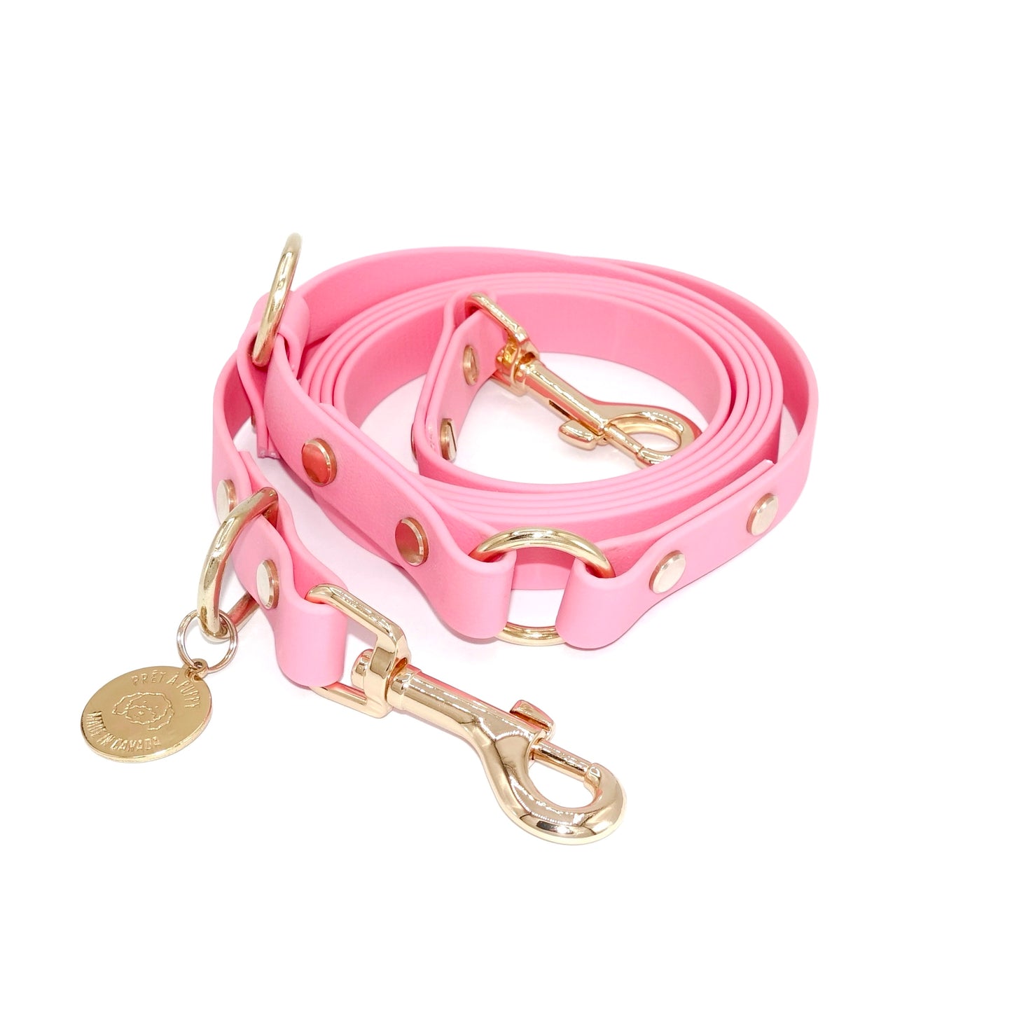 Light Pink Biothane hands-free dog leash with gold hardware, waterproof and wearable crossbody or around the waist