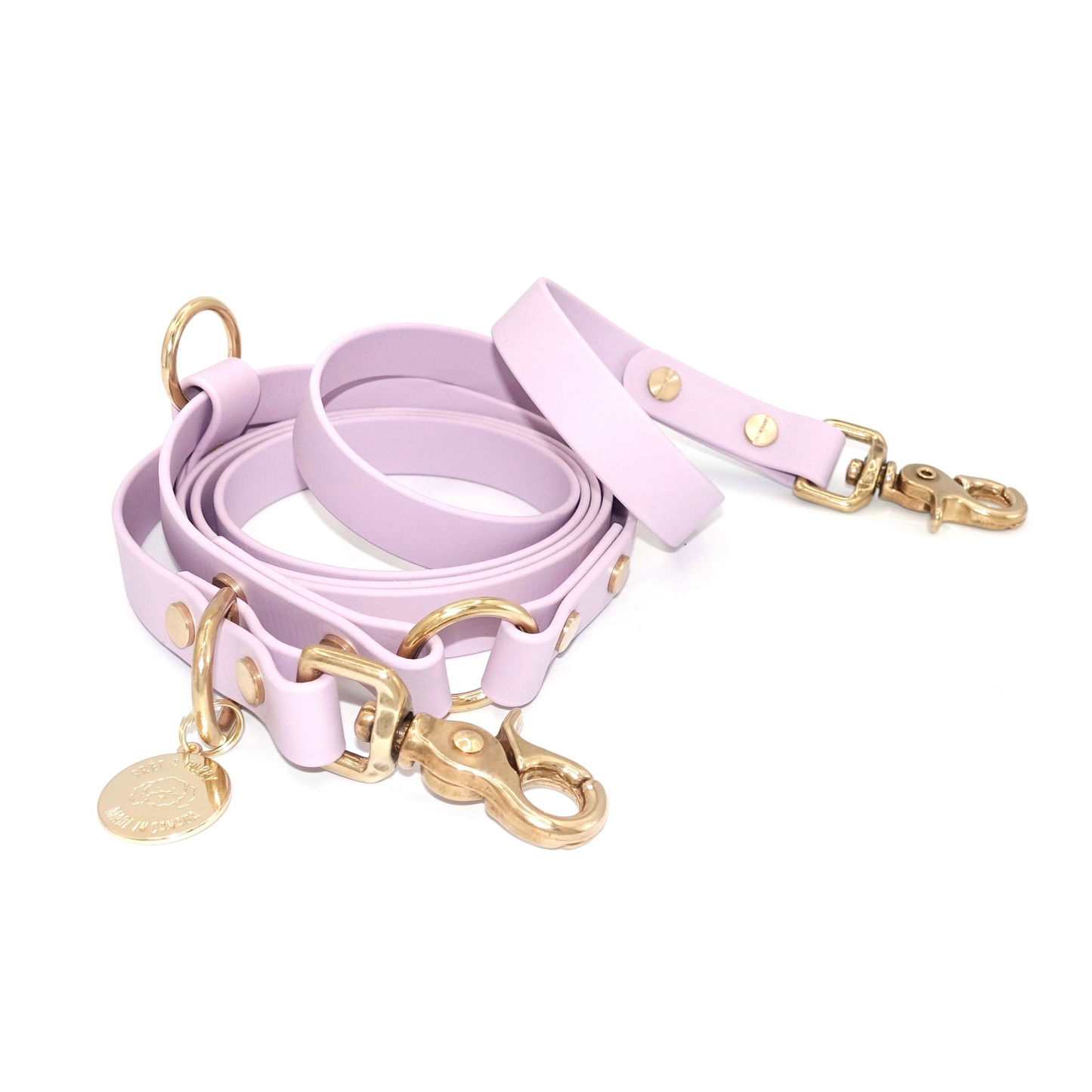 Lilac Light Purple Biothane hands-free dog leash with gold hardware, waterproof and wearable crossbody or around the waist