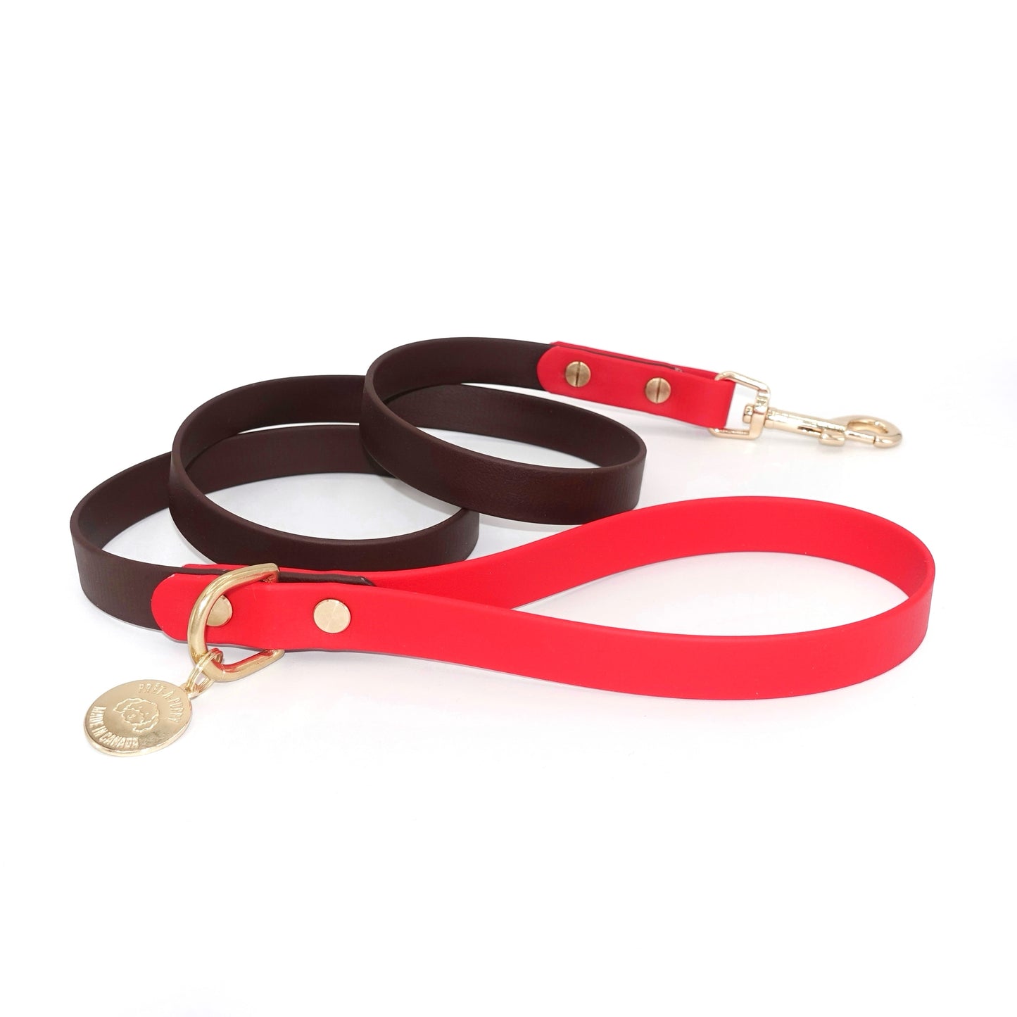 Red and Espresso Biothane dog leash with gold hardware, waterproof and durable, stylish for daily dog walks