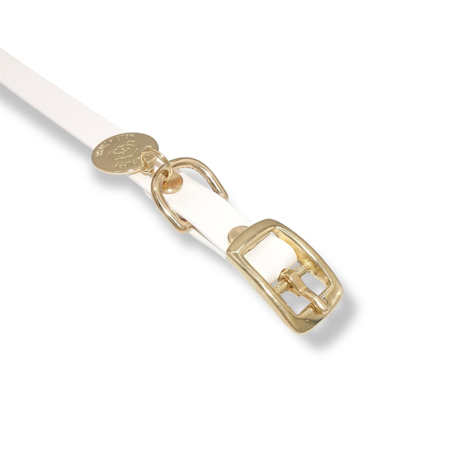 White Biothane waterproof dog collar with gold brass hardware, durable and stylish