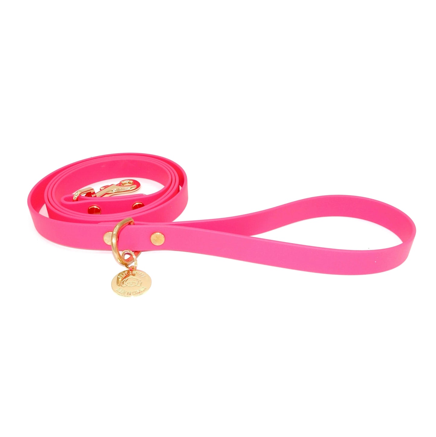 Pink dog leash with gold hardware on a white background