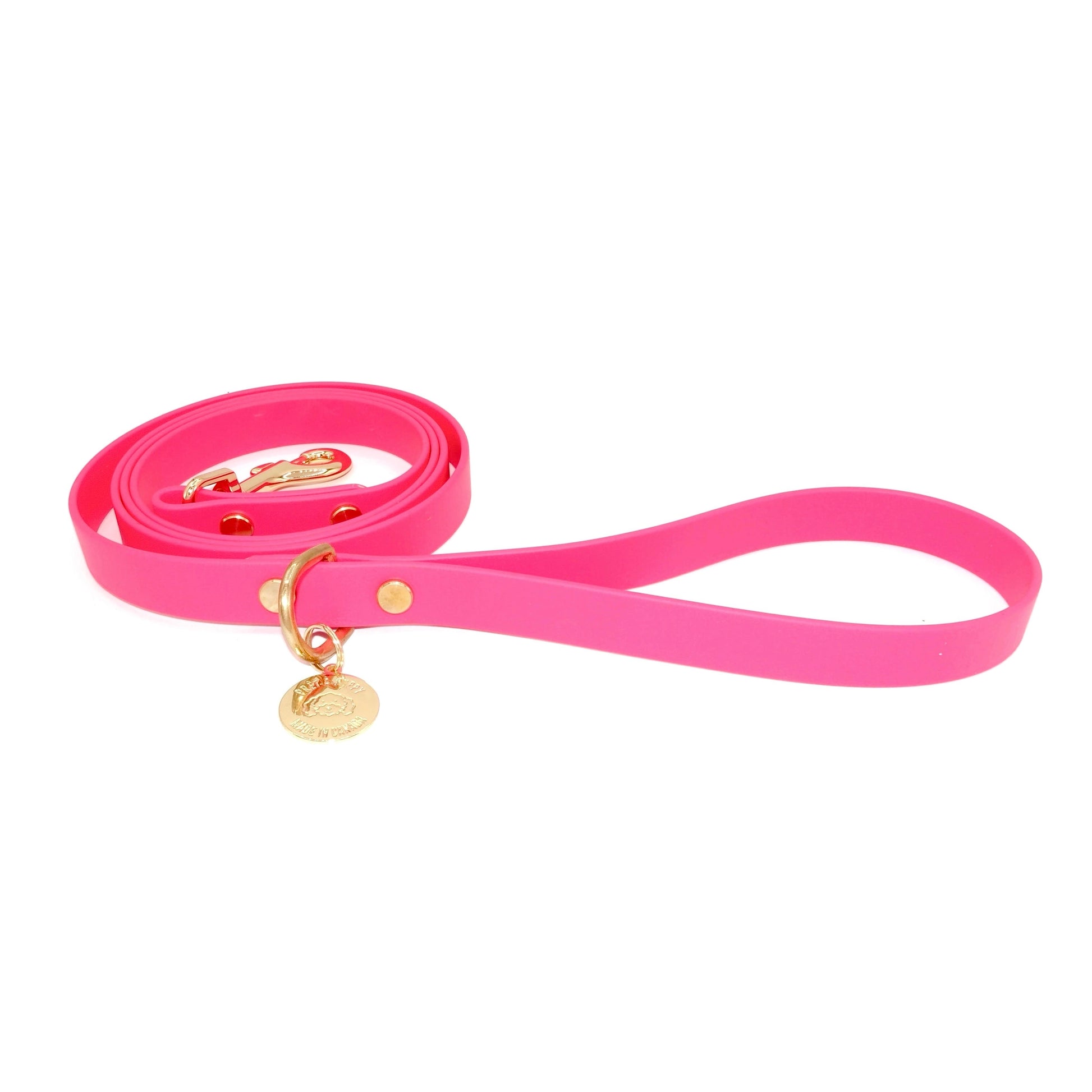 Pink dog leash with gold hardware on a white background