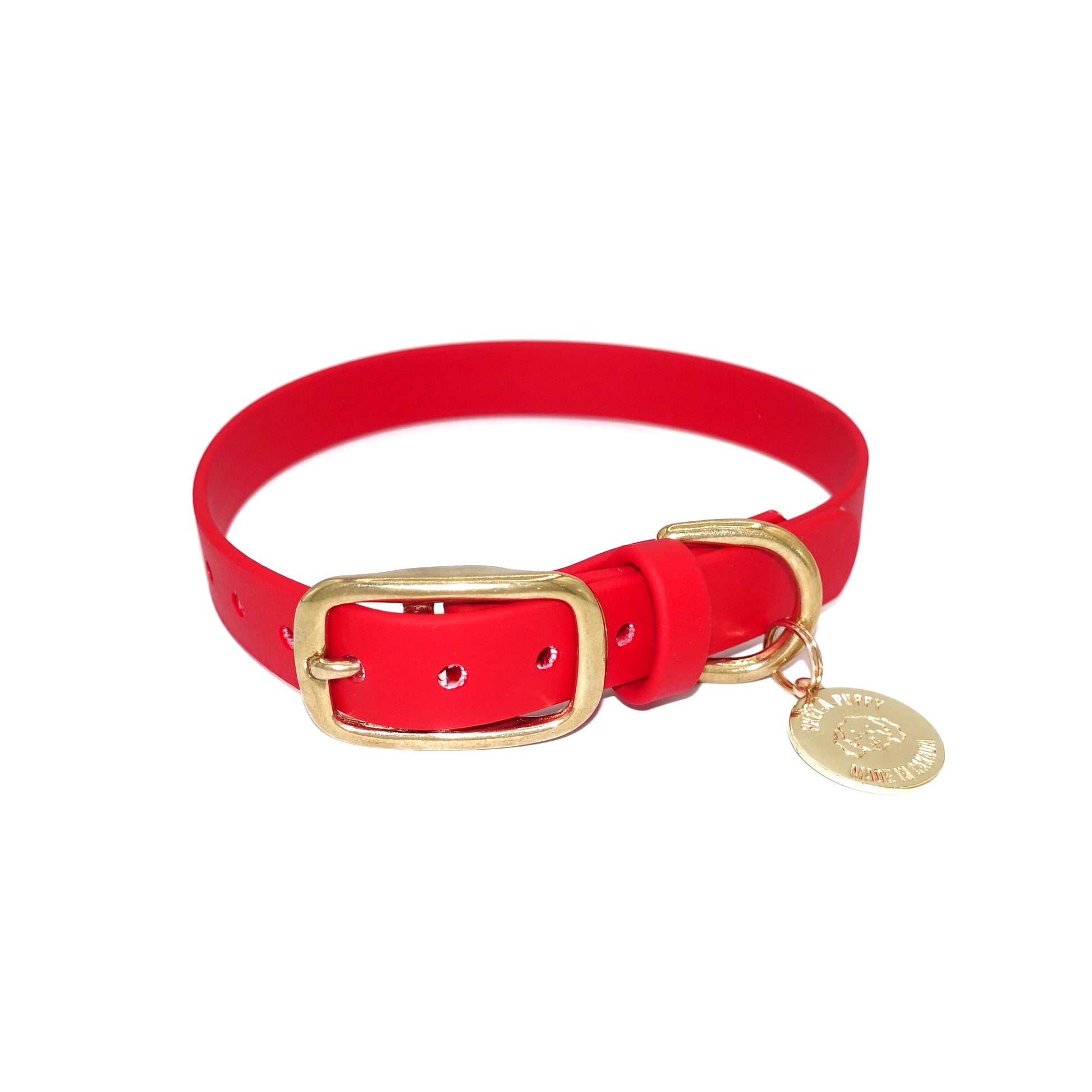 Red dog collar with gold buckle and tag on a white background