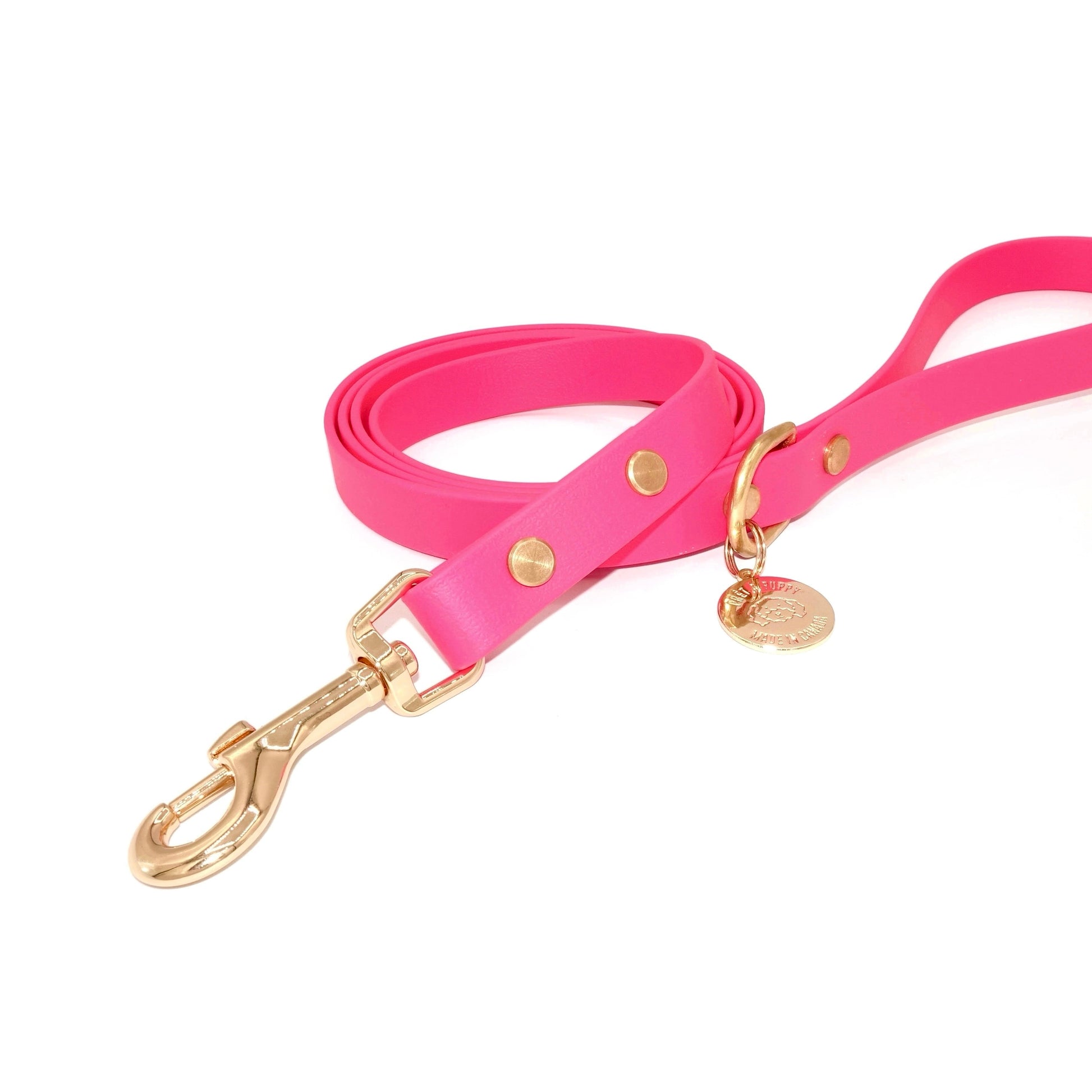 Pink dog leash with gold hardware on a white background