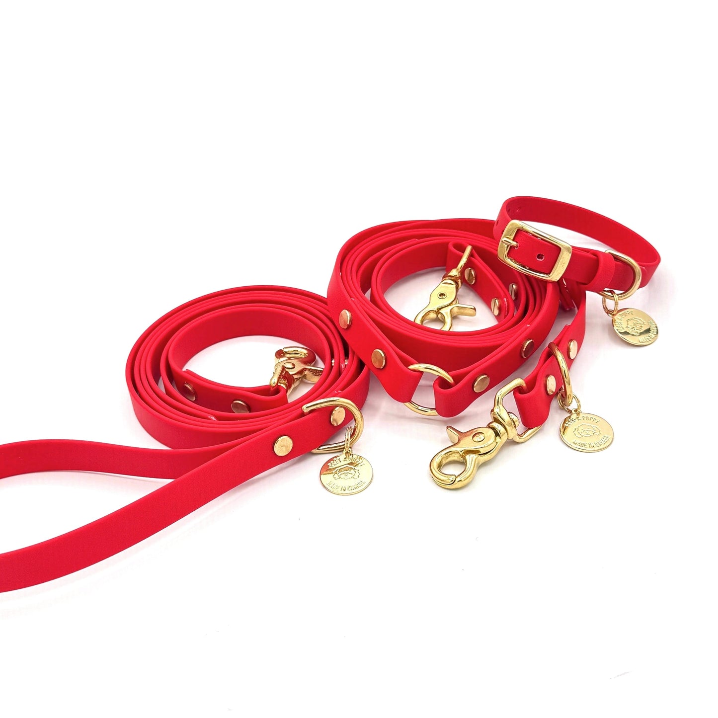 Red dog collar and leash set with gold hardware on a white background