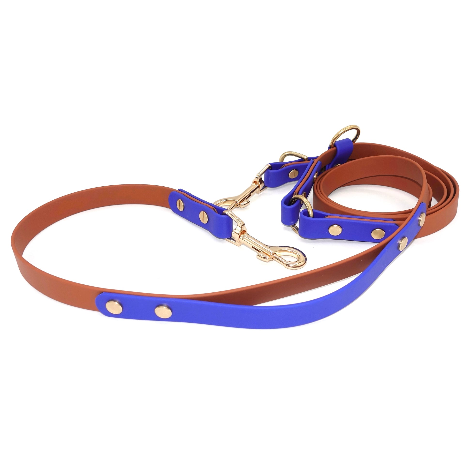 Blue and brown dog leash with traffic handle and gold hardware on a white background