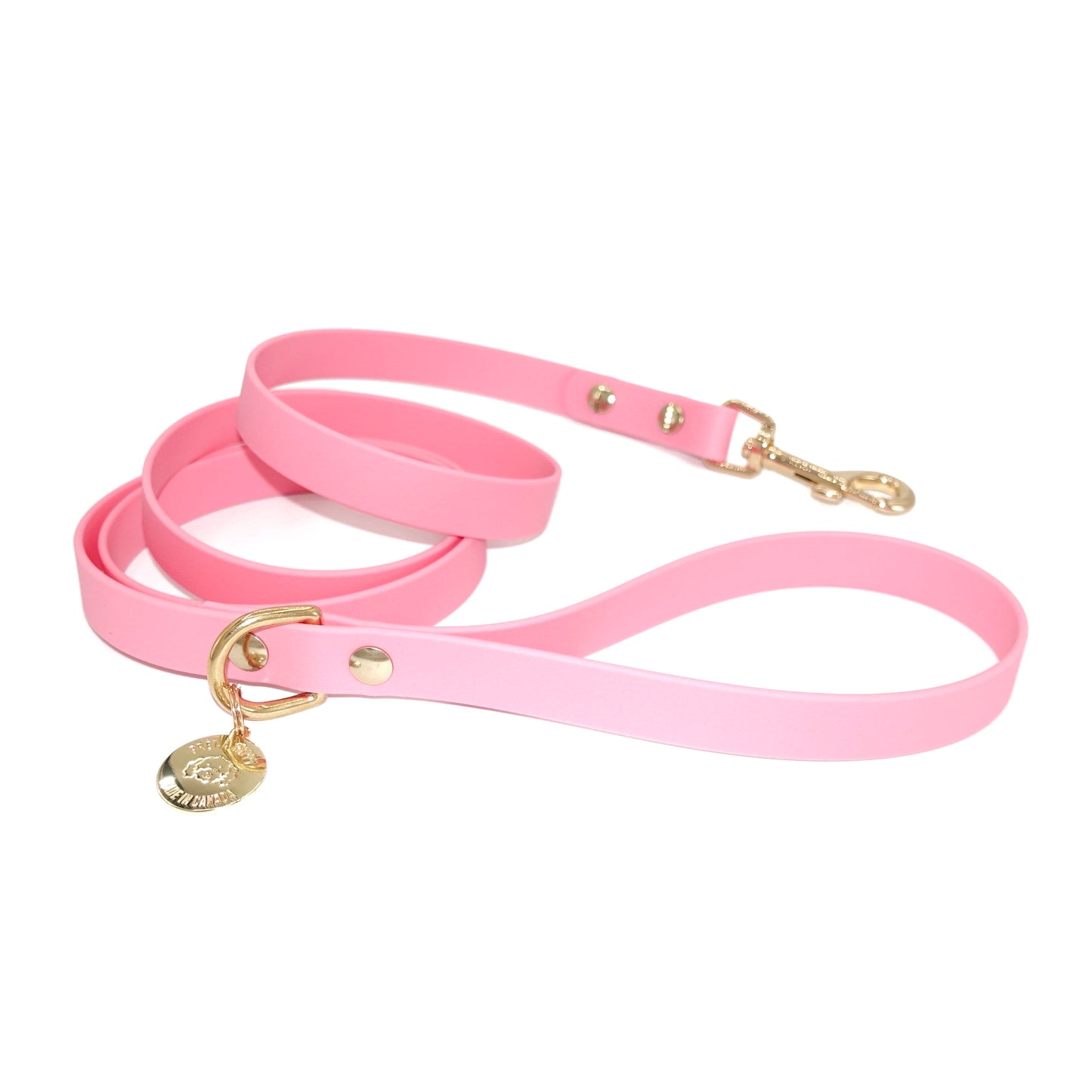 Pink dog leash with gold hardware and a tag on a white background