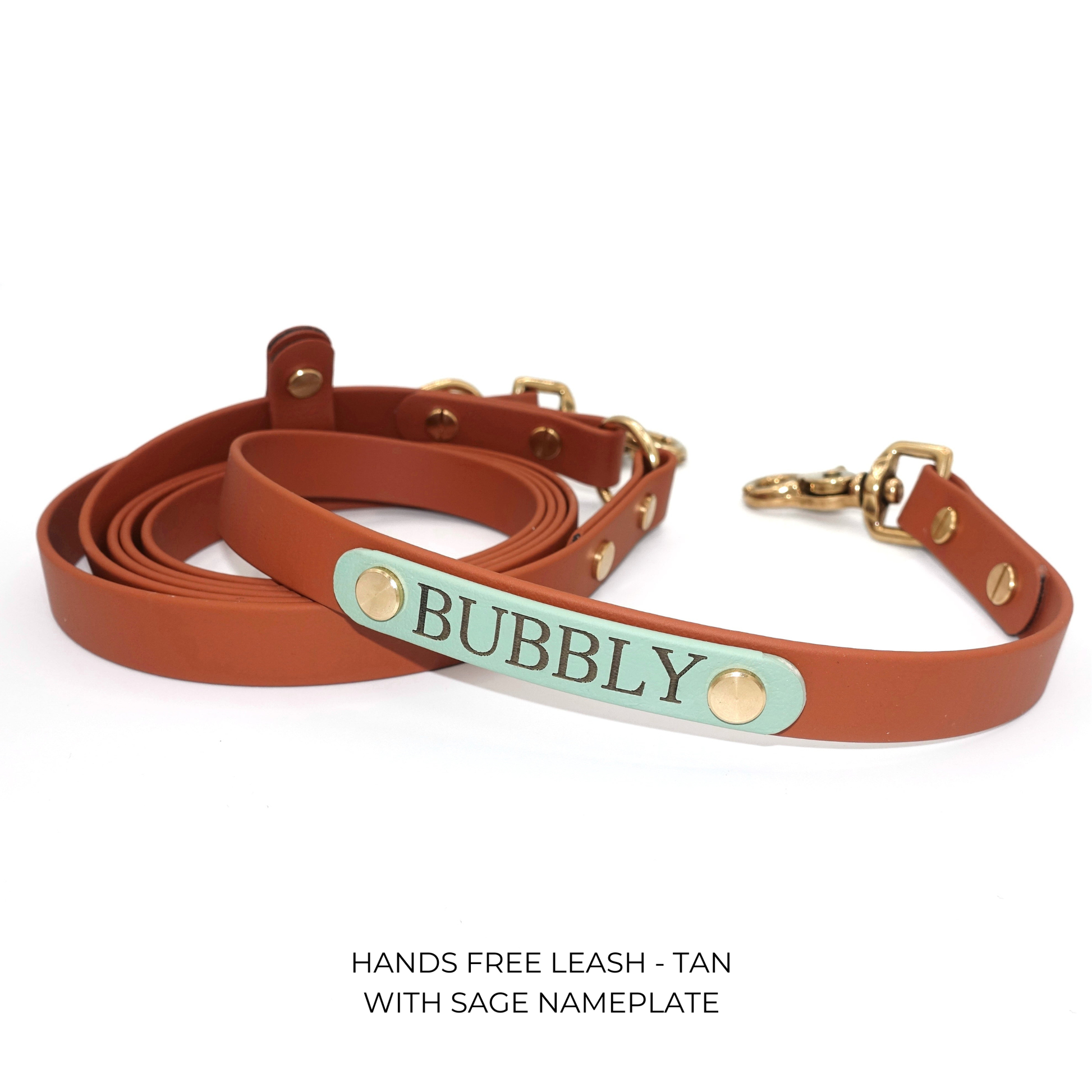 Tan hands-free leash with a sage nameplate on a white background