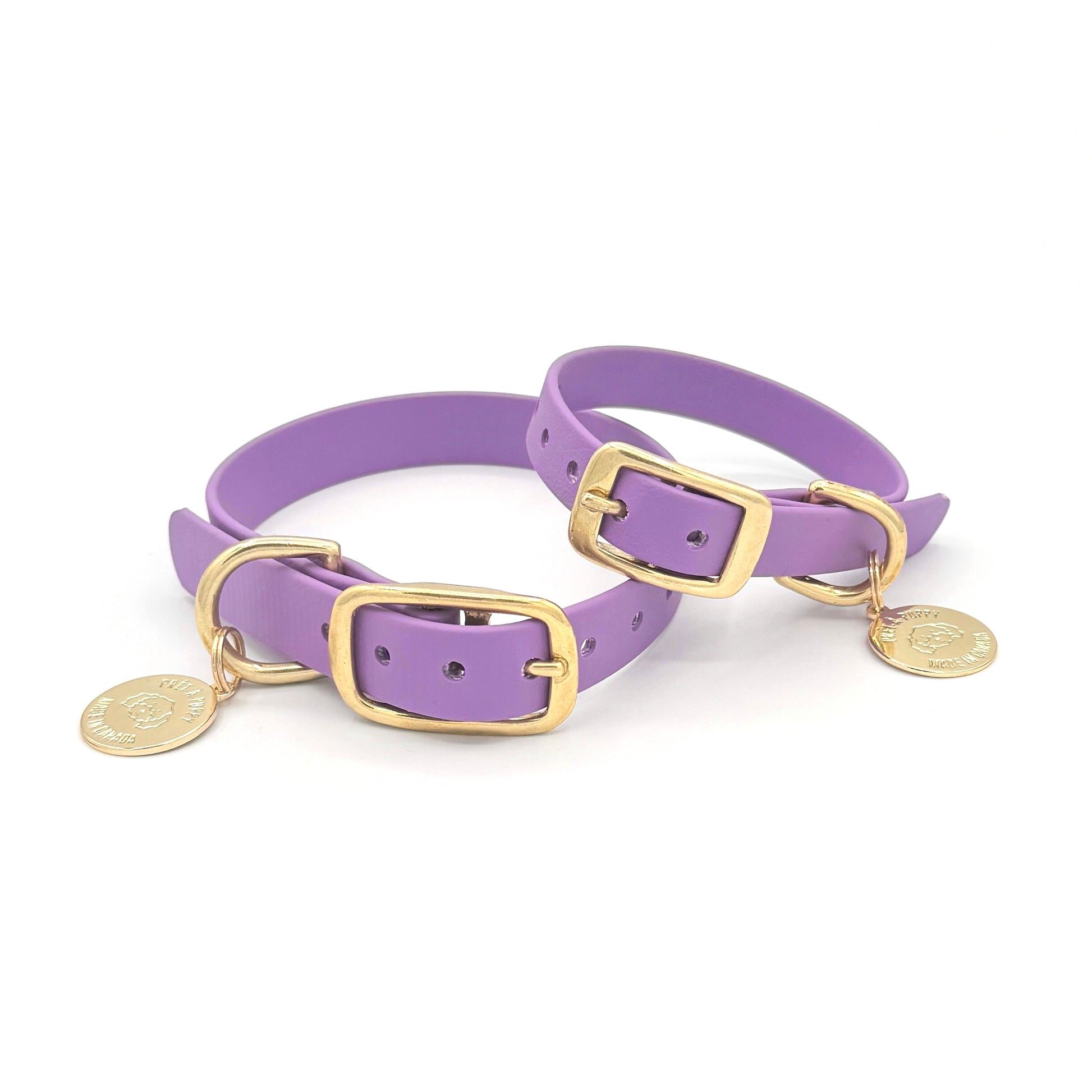 Stylish purple dog collar made from high-quality vegan leather, featuring elegant gold hardware. This waterproof collar is soft to the touch, ensuring comfort for your pet while providing durability for everyday use. Ideal for pet owners looking for a fashionable, and long-lasting accessory for their dog.