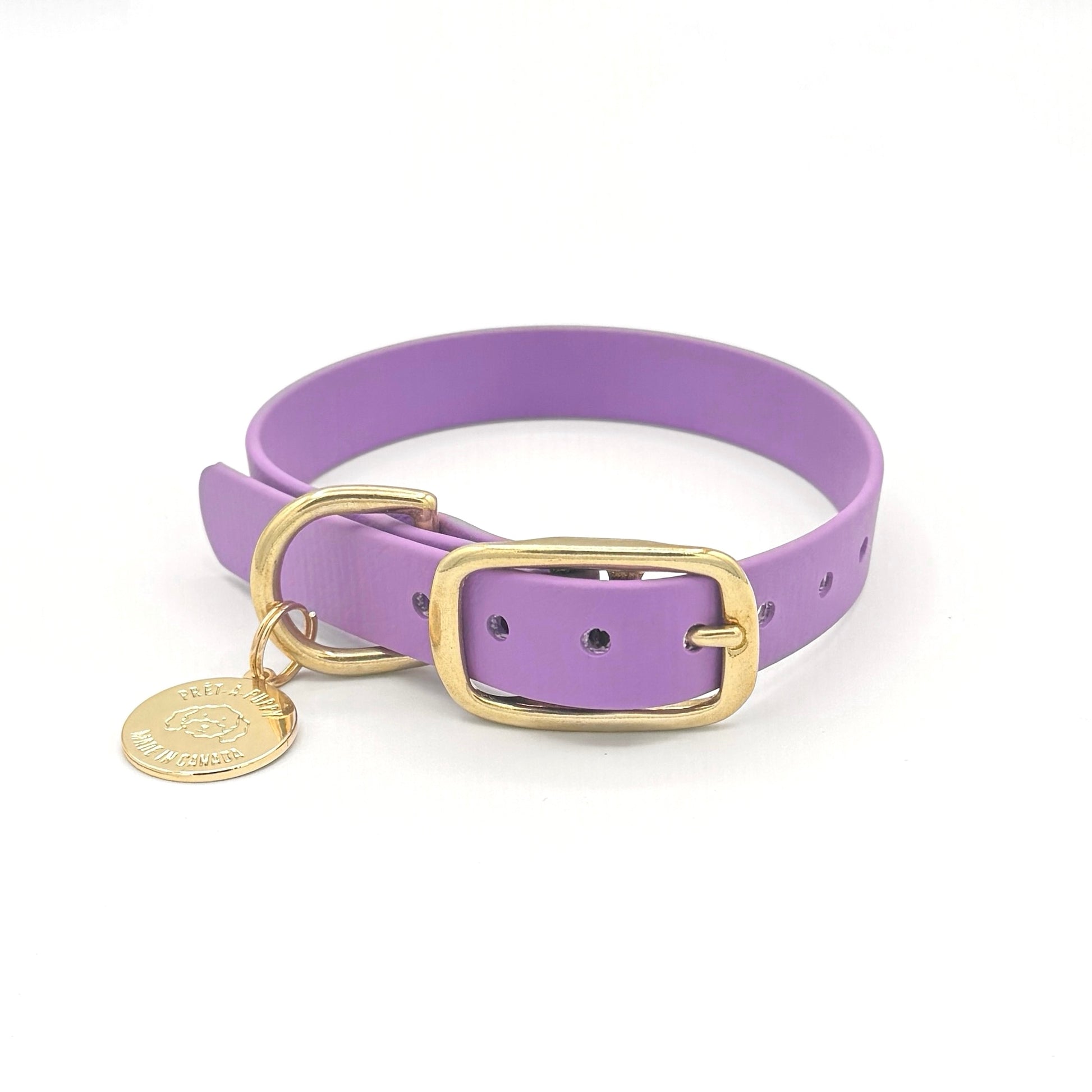 Stylish purple dog collar made from high-quality vegan leather, featuring elegant gold hardware. This waterproof collar is soft to the touch, ensuring comfort for your pet while providing durability for everyday use. Ideal for pet owners looking for a fashionable, and long-lasting accessory for their dog.