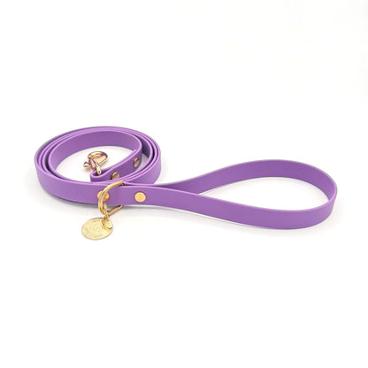 Stylish purple dog leash made from high-quality vegan leather, featuring elegant gold hardware. This waterproof leash is soft to the touch, ensuring comfort for pet owners while providing durability for everyday walks. Ideal for pet owners looking for a fashionable, and long-lasting accessory for their dog