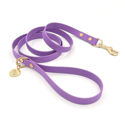 Stylish purple dog leash made from high-quality vegan leather, featuring elegant gold hardware. This waterproof leash is soft to the touch, ensuring comfort for pet owners while providing durability for everyday walks. Ideal for pet owners looking for a fashionable, and long-lasting accessory for their dog