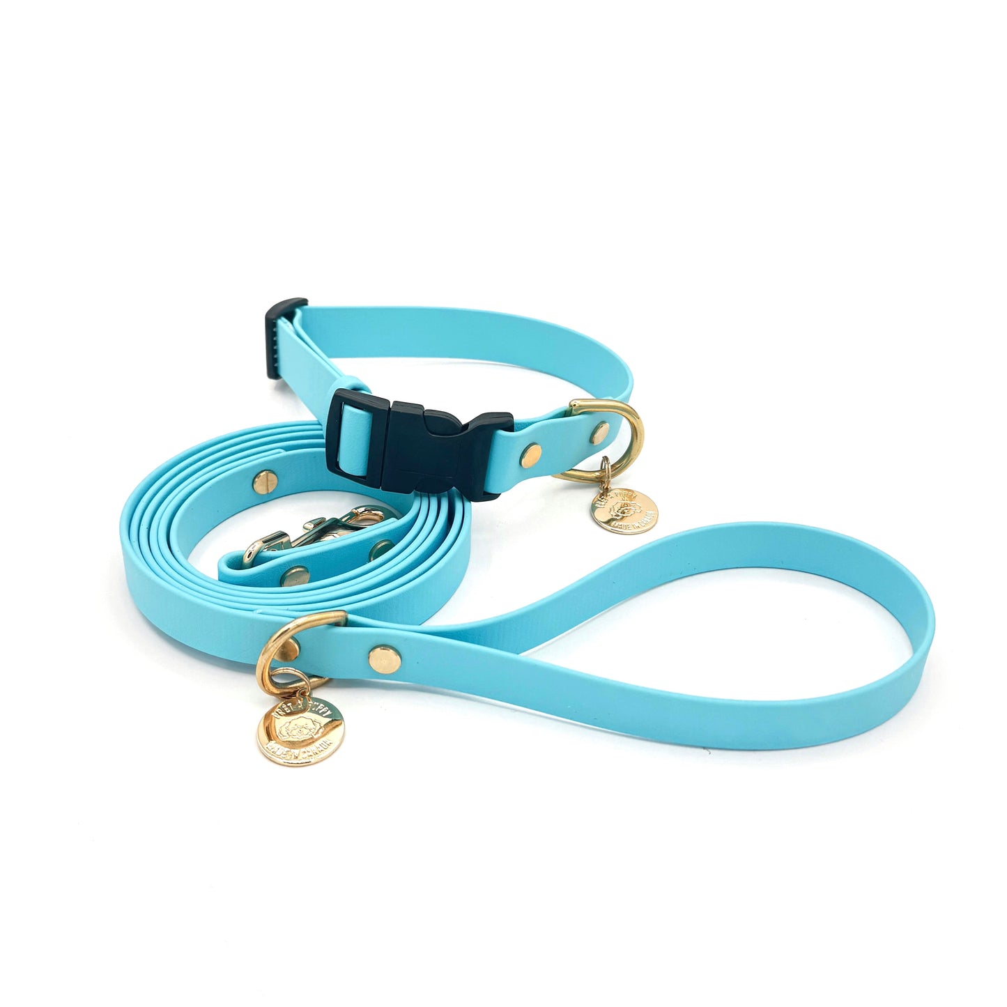 Adjustable Biothane dog collar with gold quick release buckle and hardware sky blue