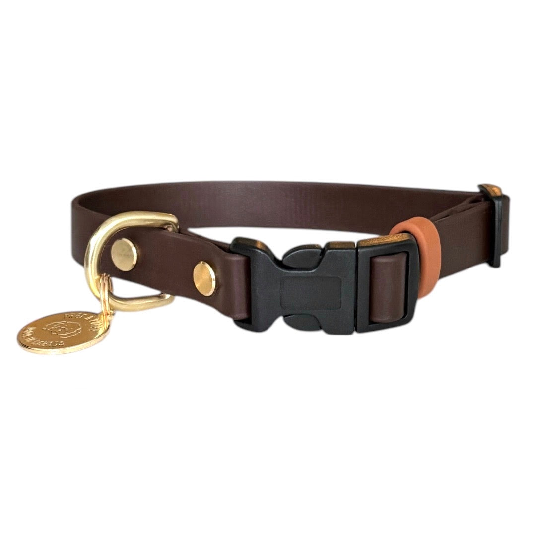 Adjustable Biothane dog collar with gold quick release buckle and hardware dark brown