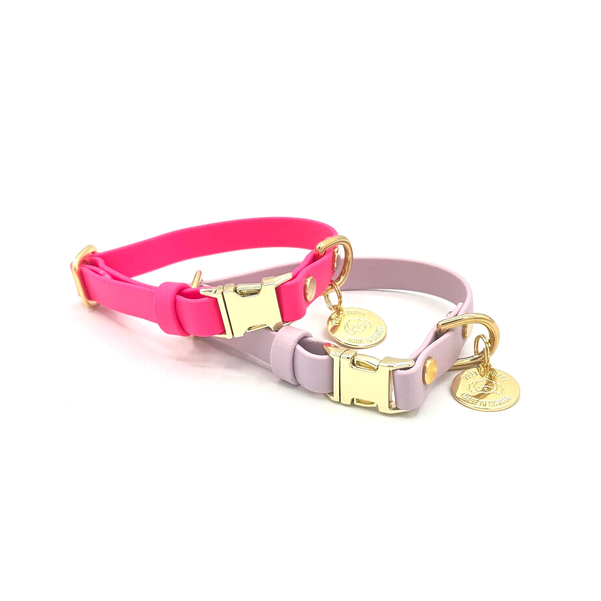 Adjustable Biothane dog collar with gold quick release buckle and hardware hot pink and light purple