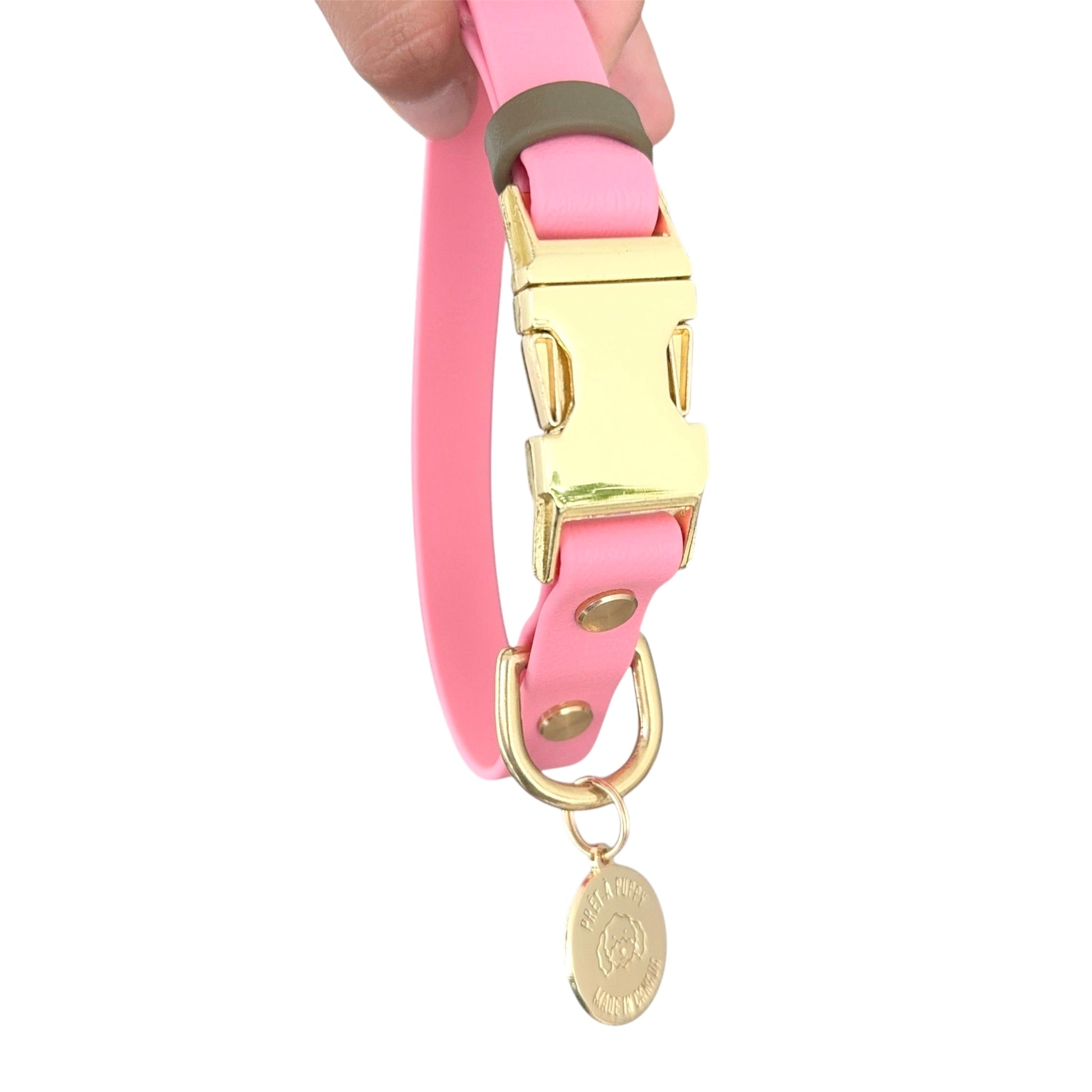 Adjustable Biothane dog collar with gold quick release buckle and hardware light pink