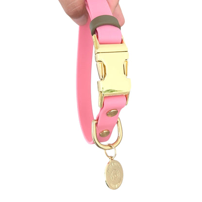 Adjustable Biothane dog collar with gold quick release buckle and hardware light pink