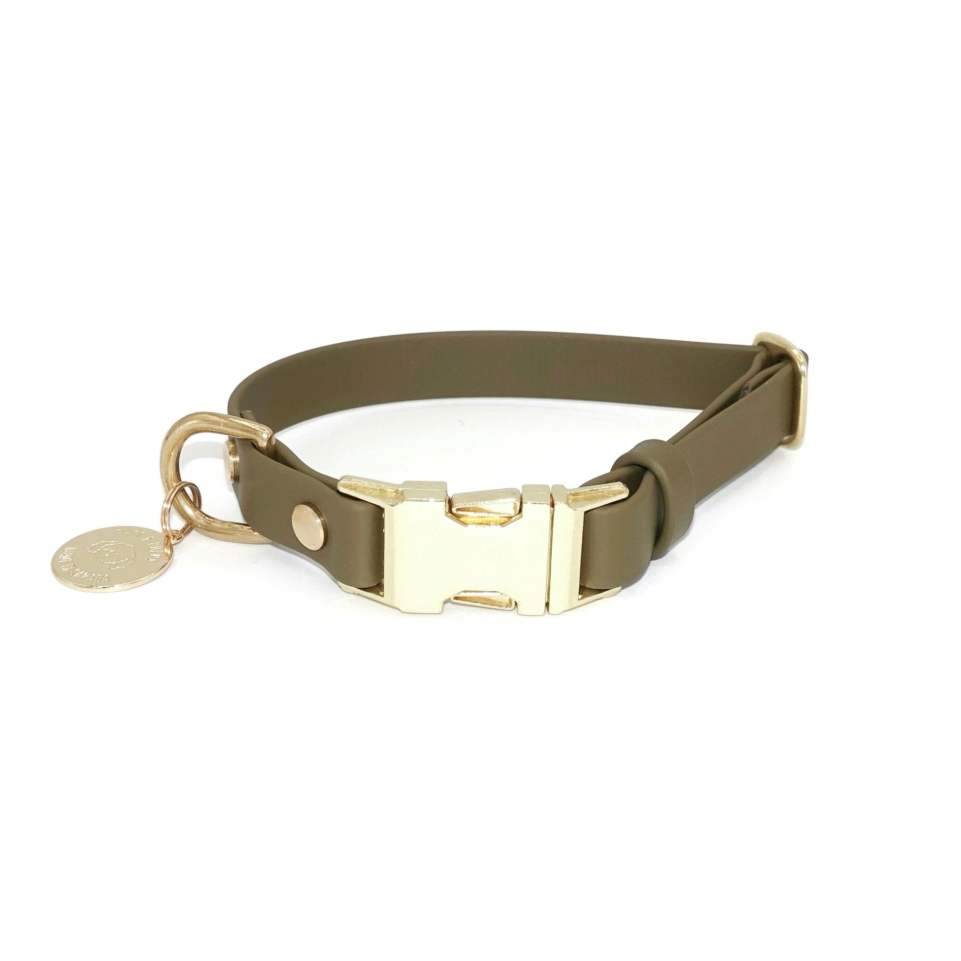 Adjustable Biothane dog collar with gold quick release buckle and hardware in olive green
