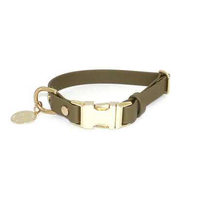 Adjustable Biothane dog collar with gold quick release buckle and hardware in olive green